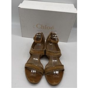 Chloe Suede Open-Toe Double-Strap Laser-Cut Flat Sandal in Camel sz 37